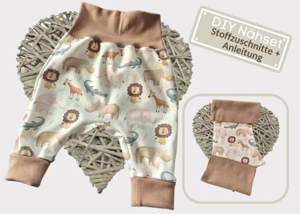 DIY Nähpaket Stoff Zuschnitte Pumphose Jersey Safarikinder, Bündchen braun Nähset